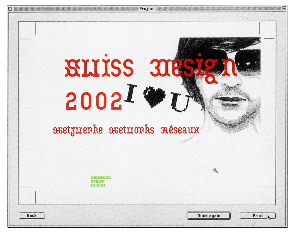 Générateur de flyers et affichettes pour Mac OS 9 dont les options de composition sont ironiques. Prix fédéral des arts appliqués 2002. Images tirée du catalogue «Swiss Design 2002». Dans le cadre de Schönwehrs.
