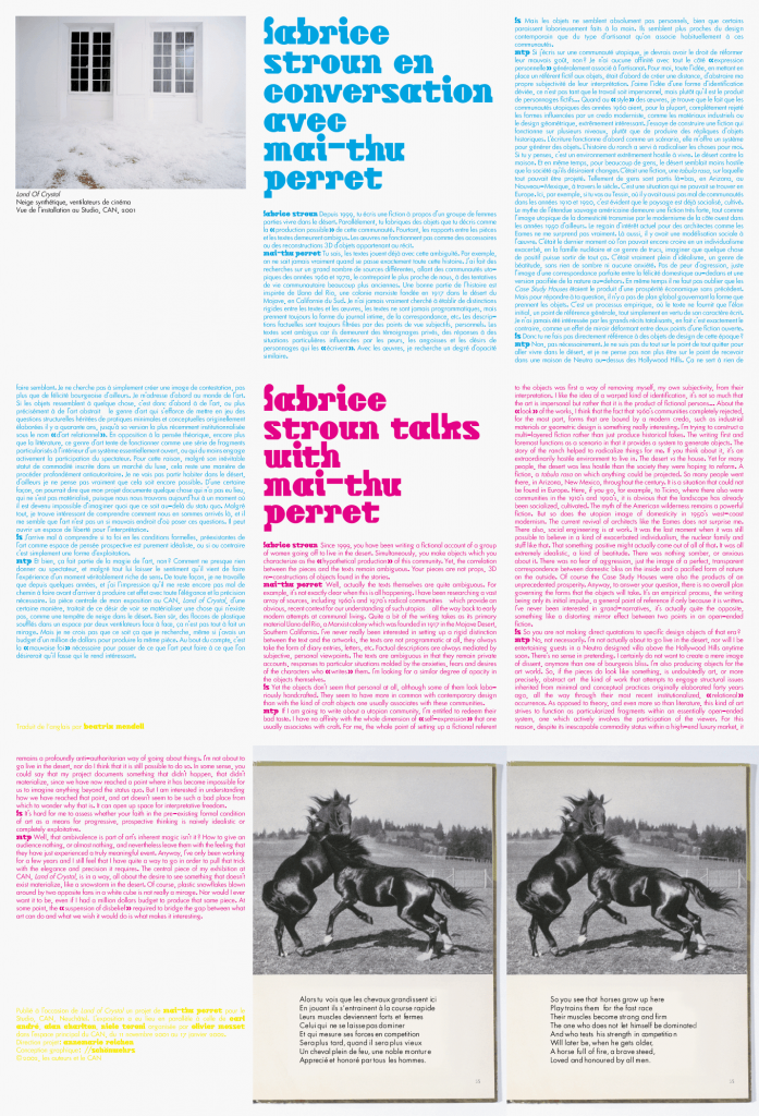 Affiche/dépliant publié à l’occasion de l’exposition «Land of Crystal» de Mai-Thu Perret au CAN, Neuchâtel (verso). Dans le cadre de l’atelier Schönwehrs.