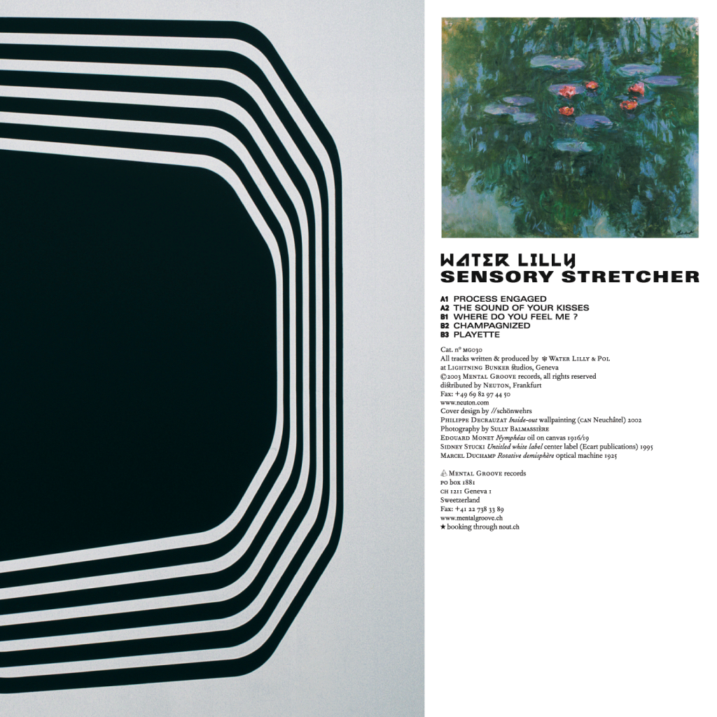 Couverture d’un EP de Water Lilly. L’image de gauche, qui s’étend sur le verso, est une peinture murale de Philippe Decrauzat. En tant que Schönwehrs.