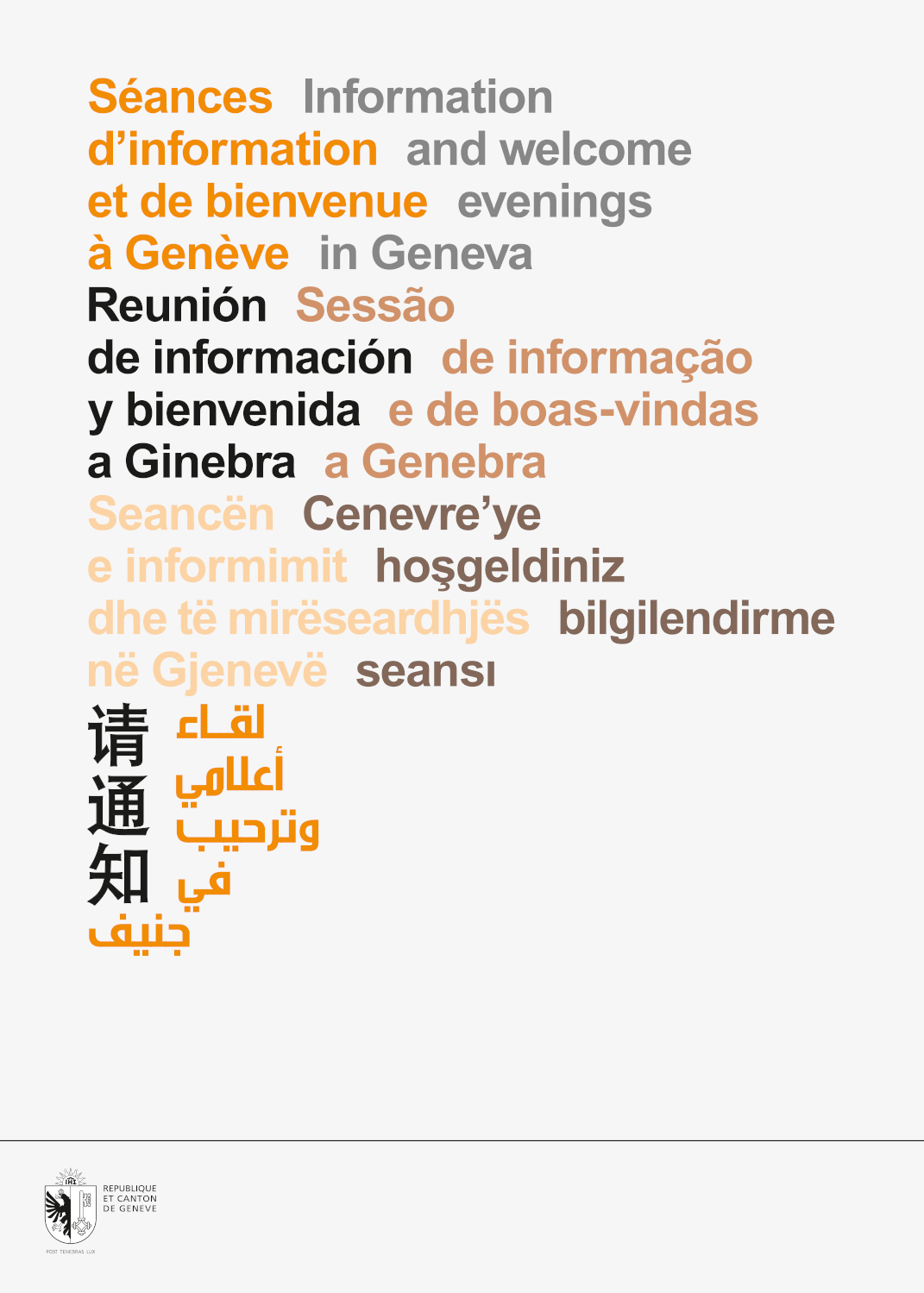 Dépliant en 8 langues qui invite les étrangers à une séance de bienvenue/information. La mise en page en arabe et chinois était intéressante à faire. En tant que Schönherwehrs.
