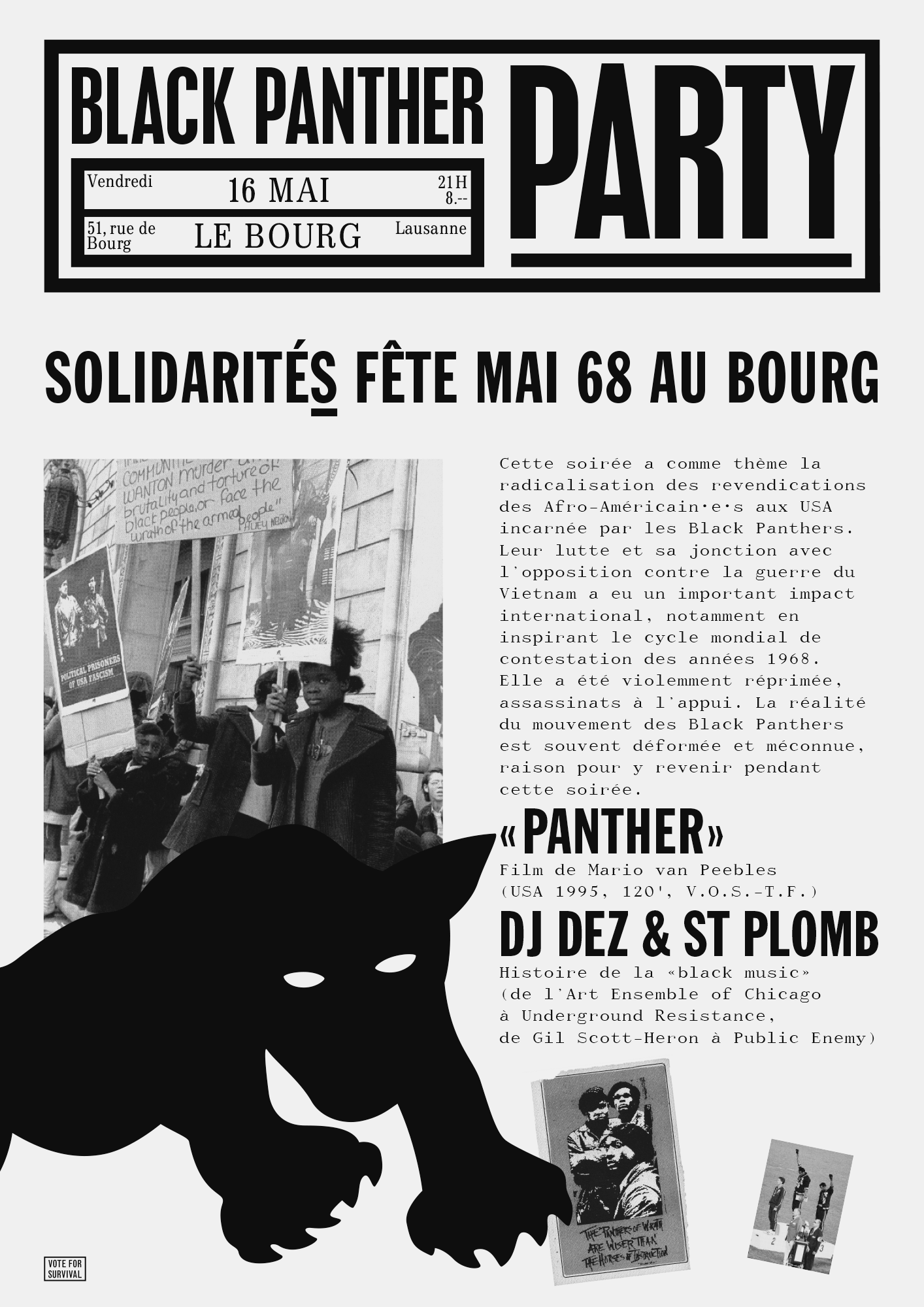 Flyer pour une soirée en hommage au Black Panther Party (recto). Mise en page inspirée du bulletin du mouvement.