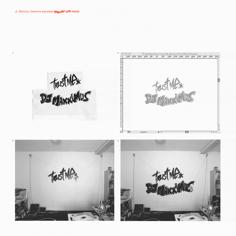 Pochette du EP «Trust Me» de DJ Maxximus (Mental Groove, Genève, 2004). Les images montrent le processus de la machine à graffiti Hektor de Jürg Lehni.