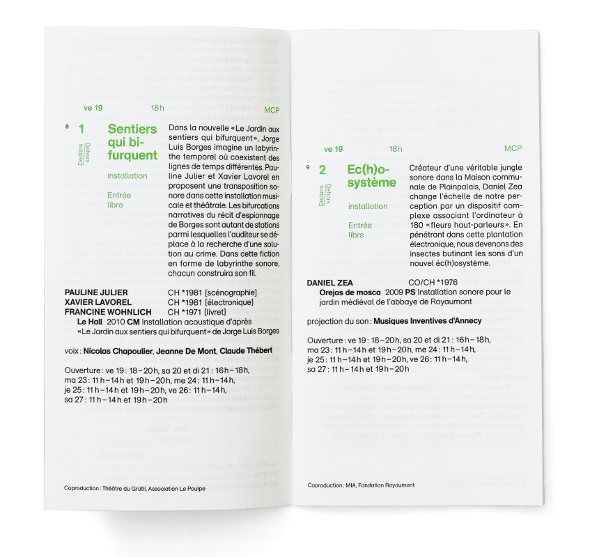 Programme du festival. La mise en page est basée sur une grille fractale et le lettrage s’adapte aux cases. En tant que Schönherwehrs.