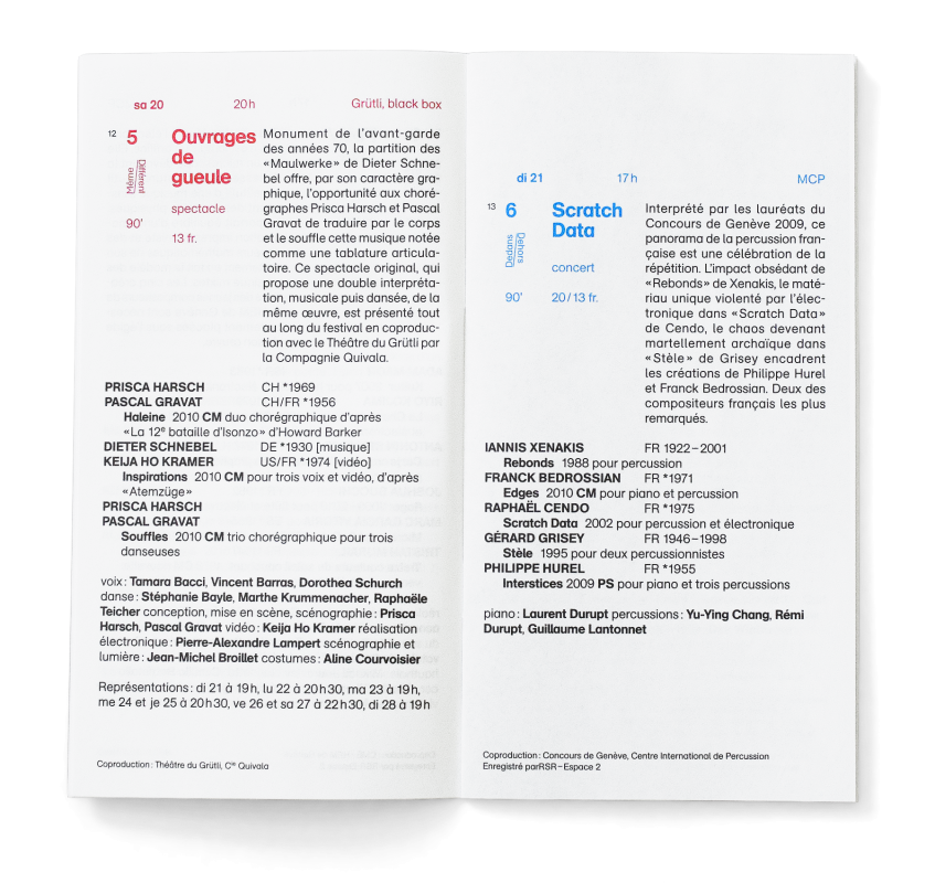Programme du festival. La mise en page est basée sur une grille fractale et le lettrage s’adapte aux cases. En tant que Schönherwehrs.