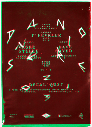 Affiche pour une soirée Danse Noire. 2 couches identiques sont imprimées avec un décalage.