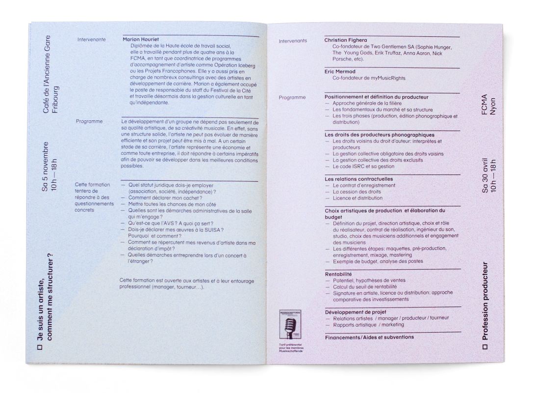 Double page de la brochure du catalogue des formations de la FCMA