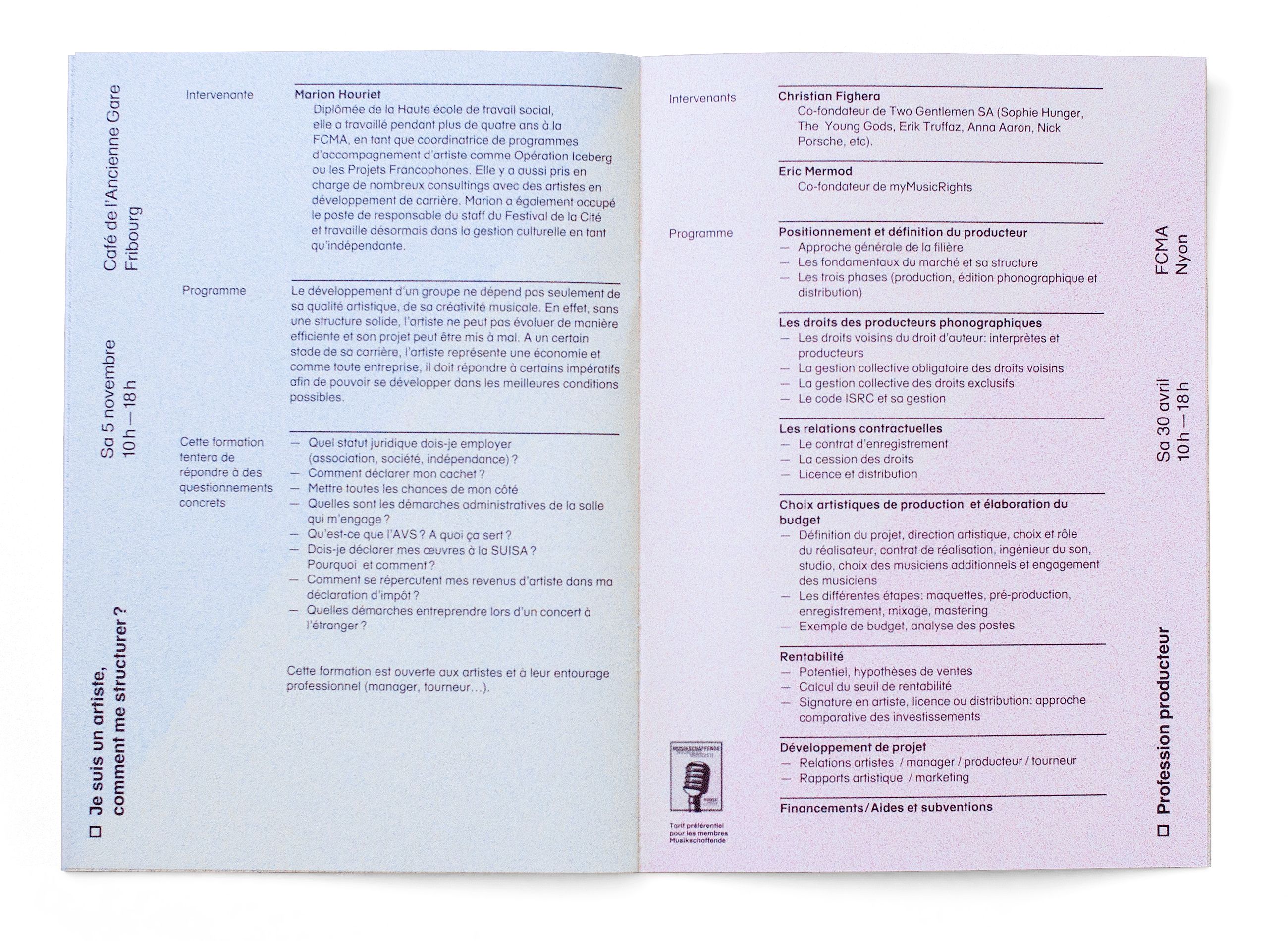 Double page de la brochure du catalogue des formations de la FCMA