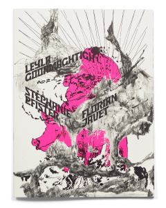 Collage de dessins sur la couverture de la brochure de l'exposition de Leyla Goormaghtigh, Stéphanie Pfister et Florian Javet