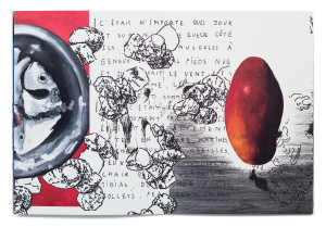 Collage de dessins de Leyla Goormaghtigh, Stéphanie Pfister et Florian Javet dans la brochure de leur exposition à la Ferme de la Chapelle