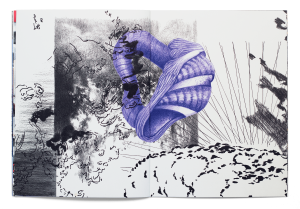 Collage de dessins de Leyla Goormaghtigh, Stéphanie Pfister et Florian Javet dans la brochure de leur exposition à la Ferme de la Chapelle