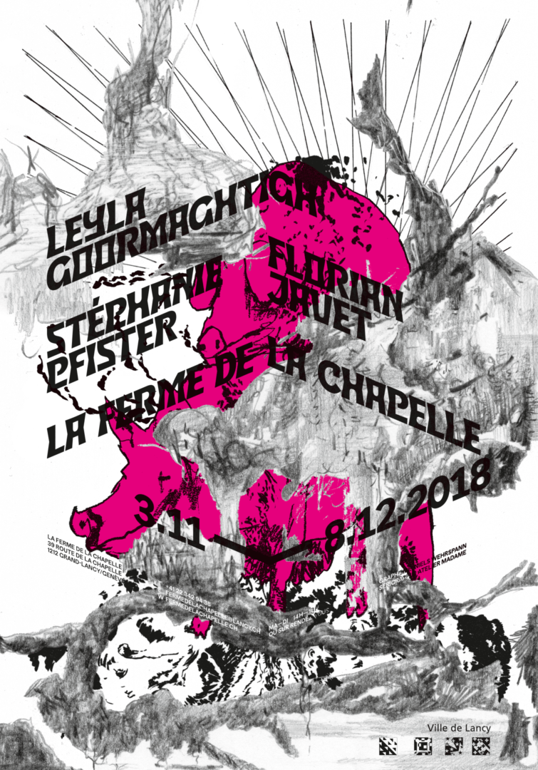 Collage de dessins sur une affiche pour une exposition de Leyla Goormaghtigh, Stéphanie Pfister et Florian Javet