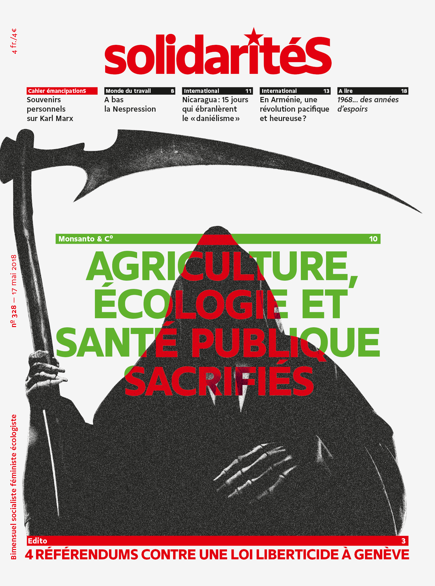 Couverture du numéro 328 du bimensuel solidaritéS: Monsanto et cie: griculture, écologie et santé publique sacrifiés