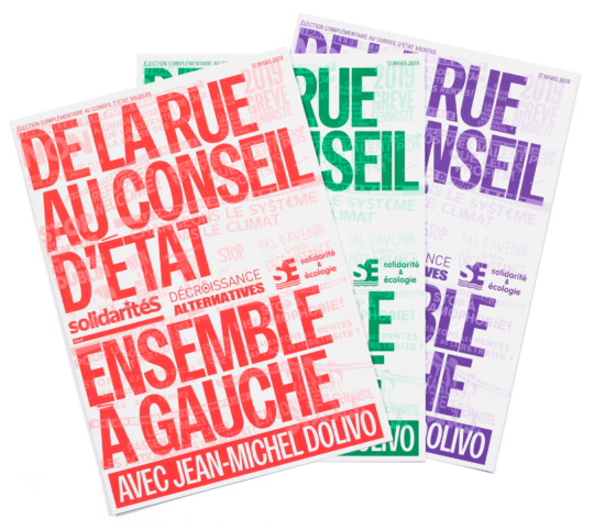 Tracts électoraux d’Ensemble à Gauche de différents couleurs