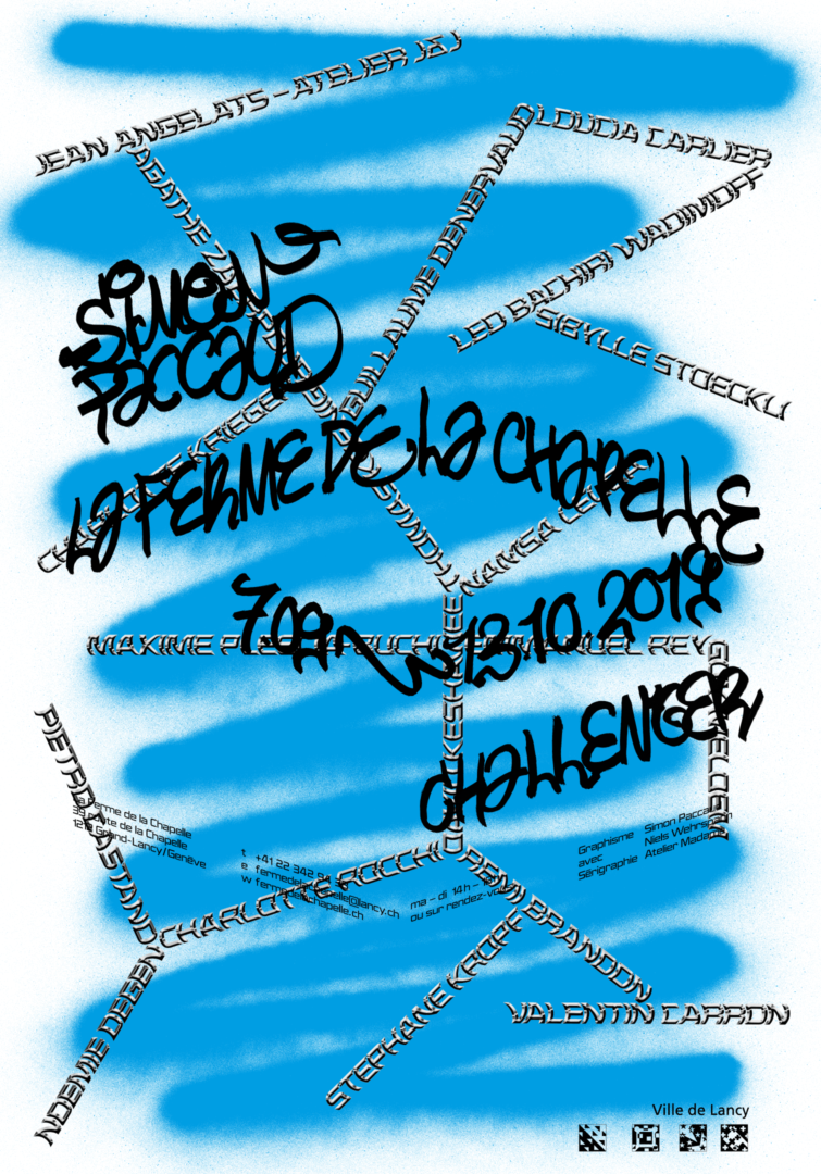 Spray et tags de Simon Paccaud sur l'affiche de son exposition à la Ferme de la Chapelle