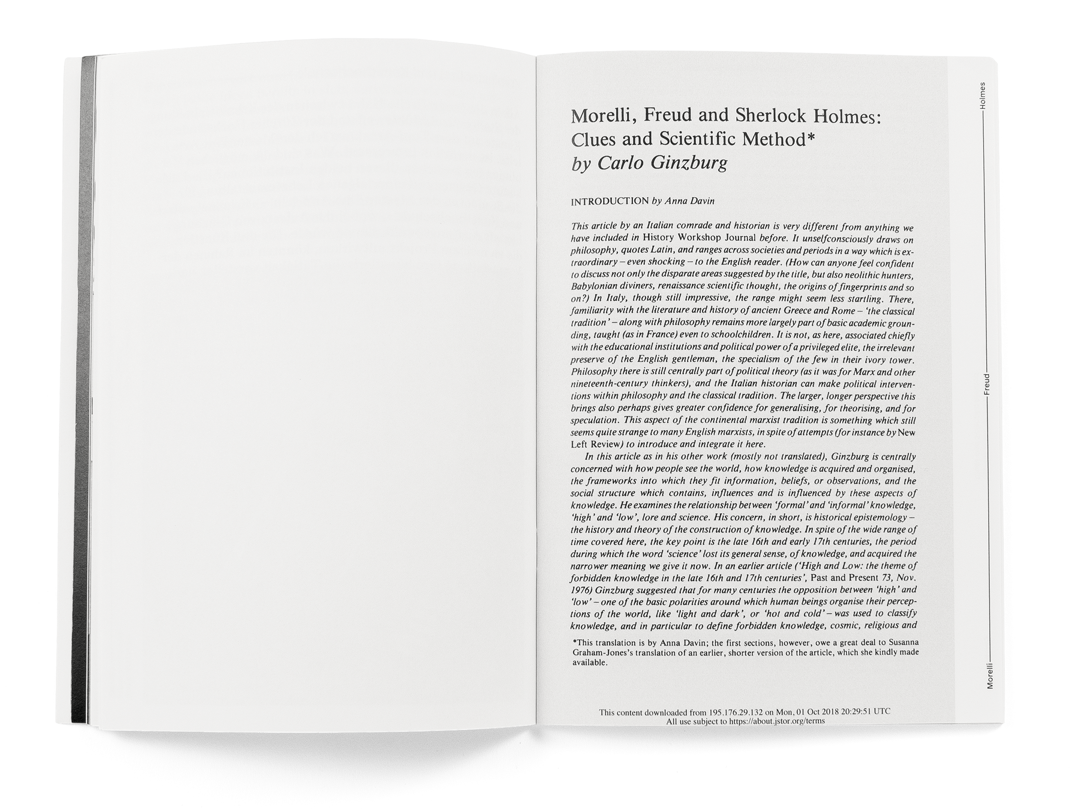 Double-page de la brochure “Morelli-Freud-Holmes" de Donatella Bernardi