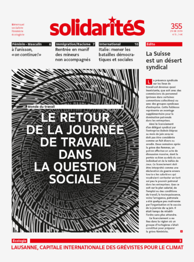 Spiral composed of threats on employment on the cover of solidaritéS journal