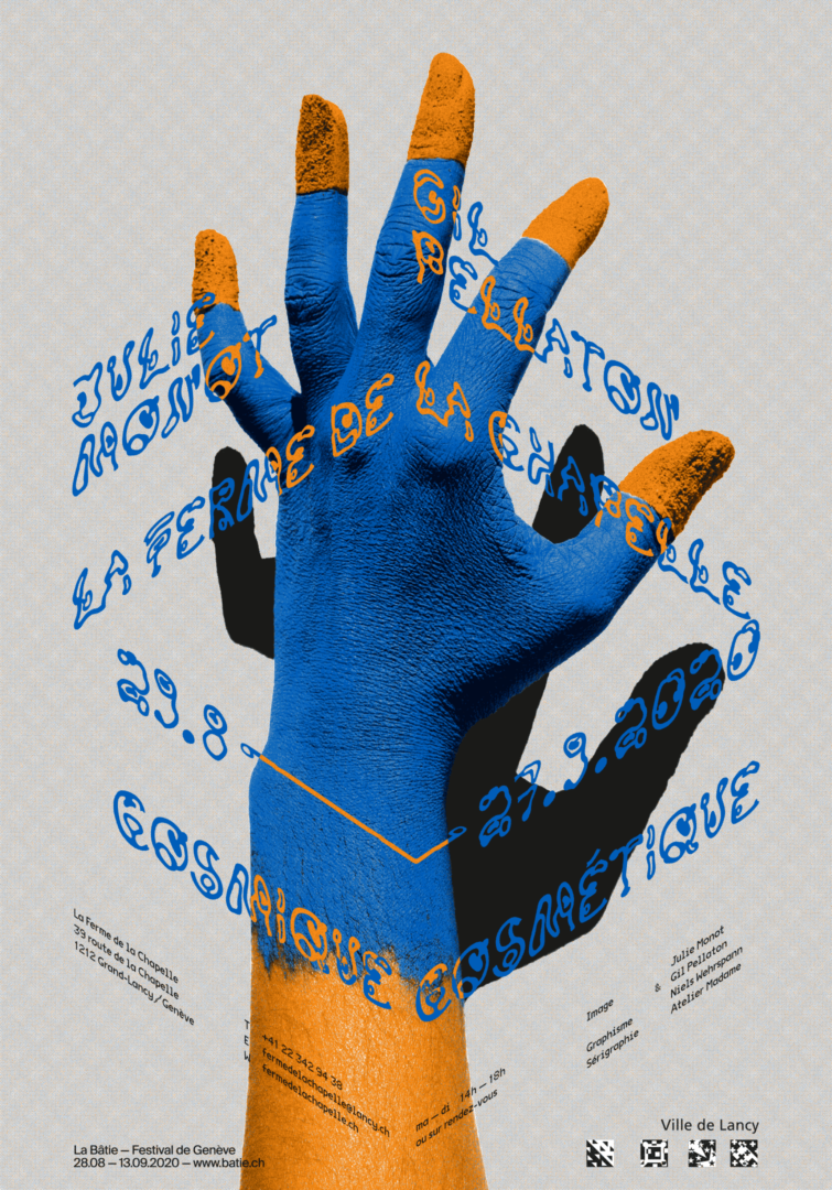 Main peinte sur l'affiche de l'exposition de Julie Monot et Gil Pellaton