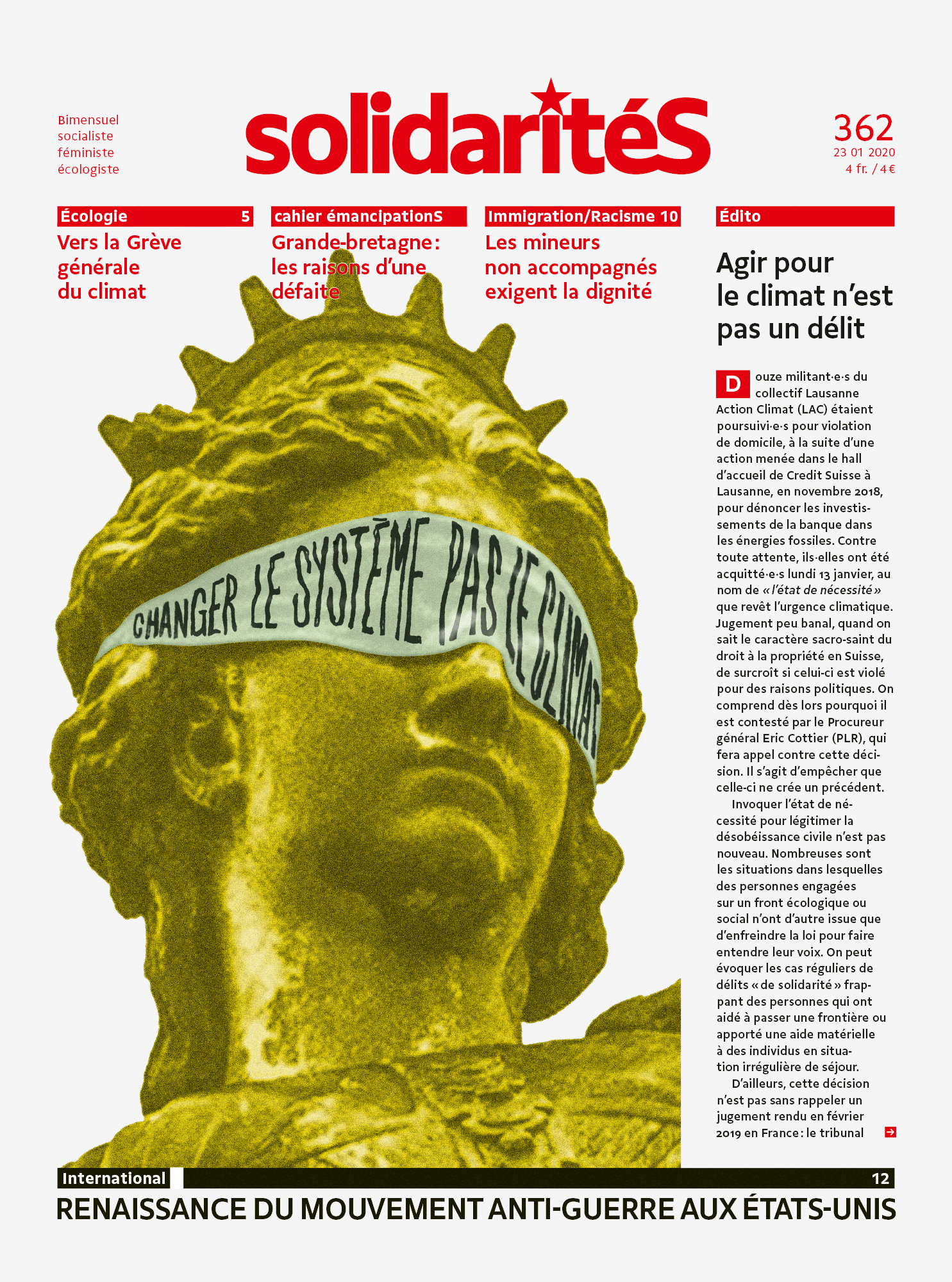 A blindfolded justice statue on the cover of solidaritéS bimonthly