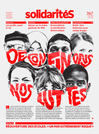 Personnes diverses portant des masques avec le slogan "Déconfinons nos luttes"