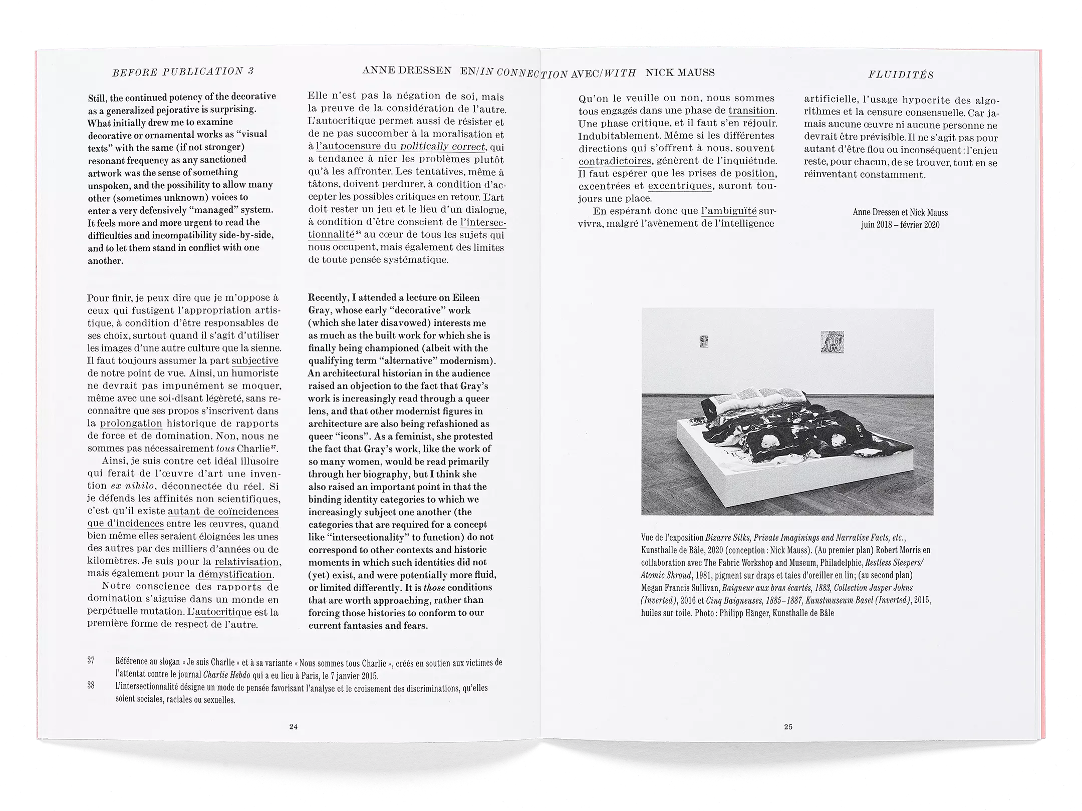 Spread of the publication “Anne Dressen in conversation with Nick Mauss”
