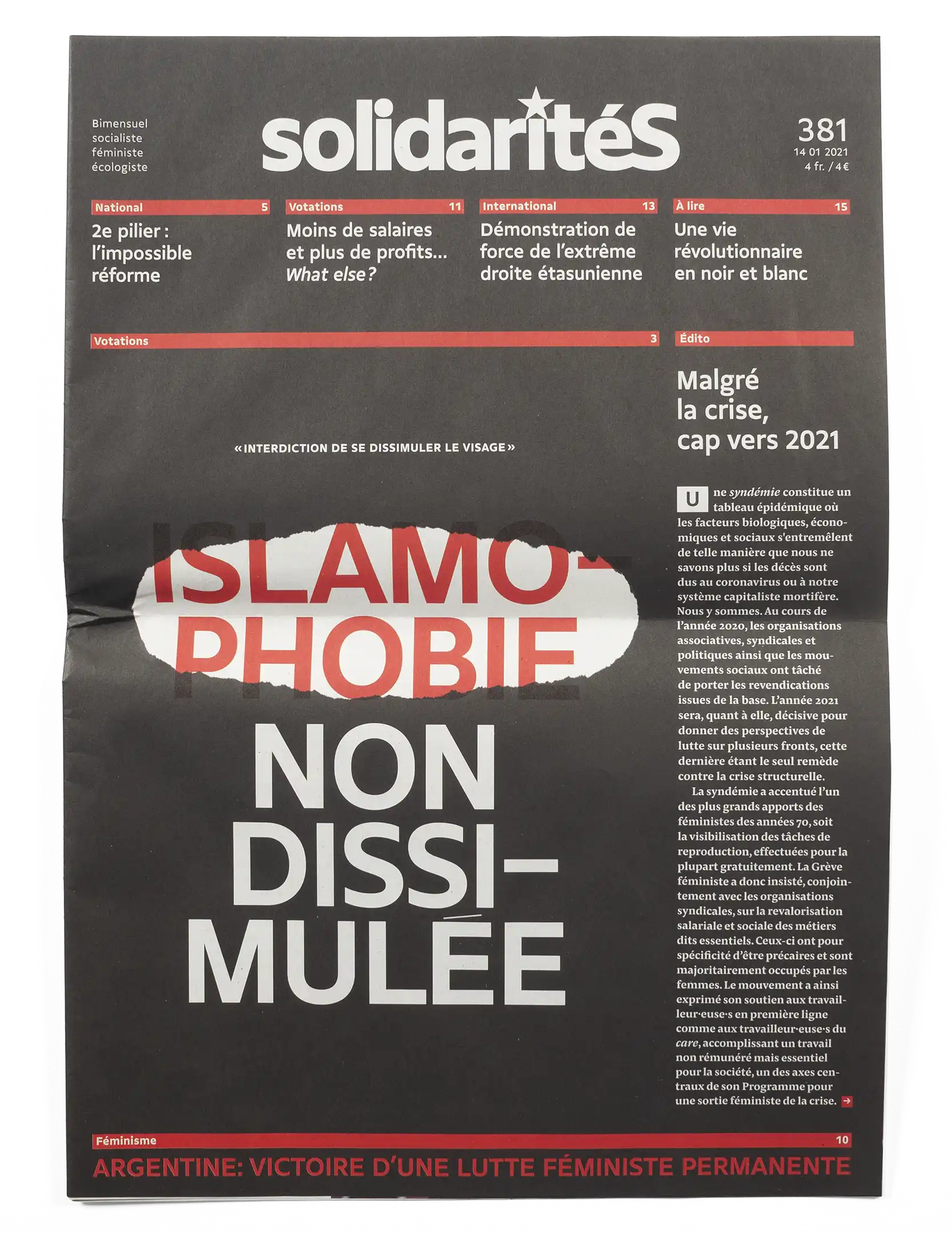 Couverture du numéro 381 du journal solidaritéS au sujet de l'initiative pour l'interdiction du voile
