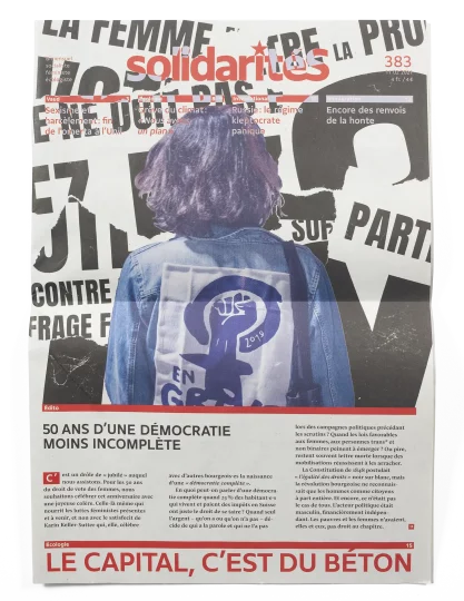 Cover of solidaritéS journal issue 383, with a collage about the 50th anniversary of the women’s right to vote