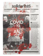 Cover of solidaritéS journal issue 384, with a collage about the first anniversary of the covid pandemic