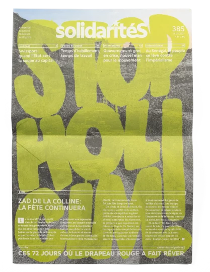 Couverture du numéro 385 du journal solidaritéS avec un collage à propos de Holcim