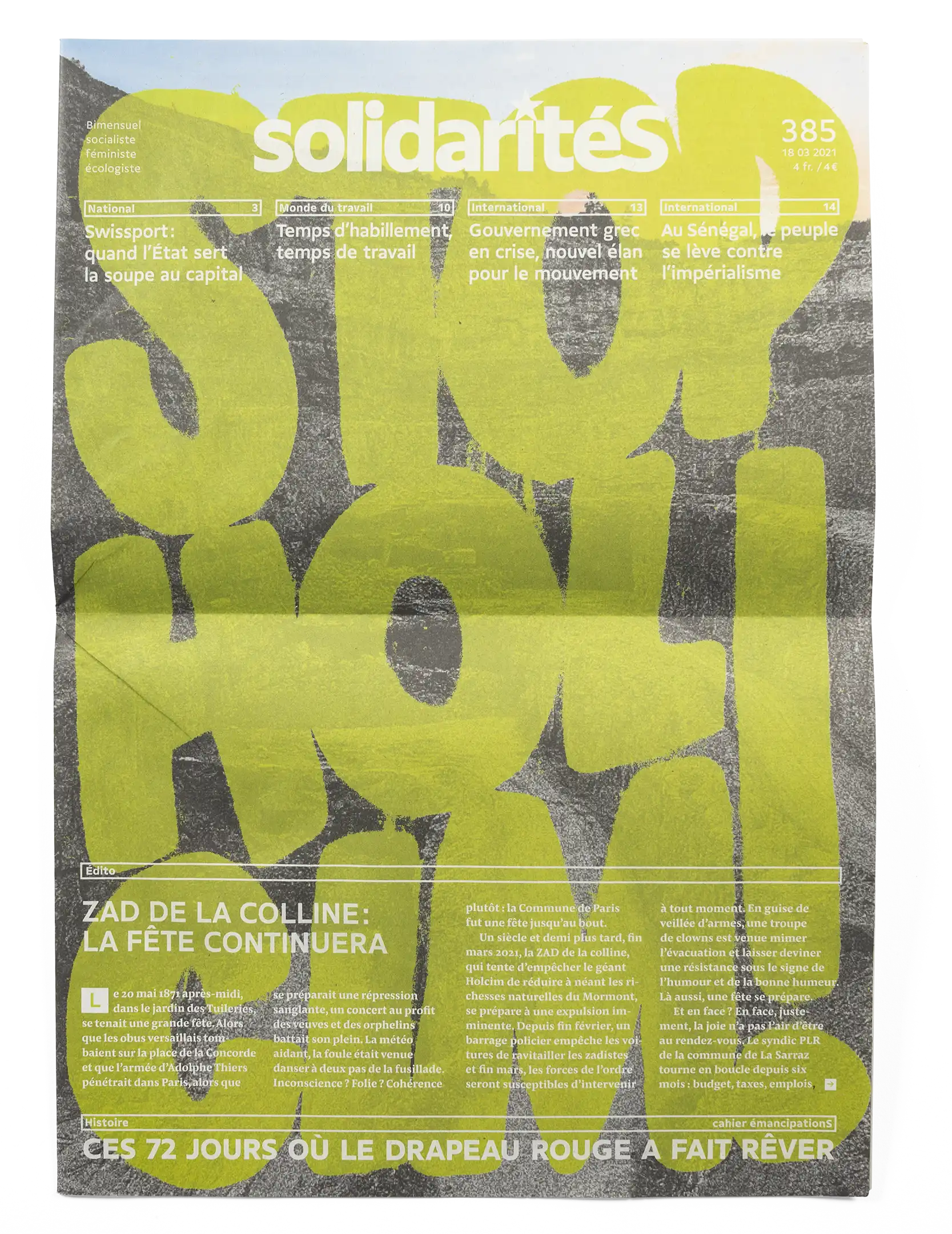 Cover of solidaritéS journal issue 385, with a collage and lettering about Holcim