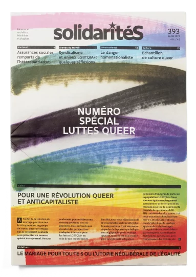 Couverture du numéro 393 du journal solidaritéS avec des traits de marker formant le drapeau LGBTIQ+