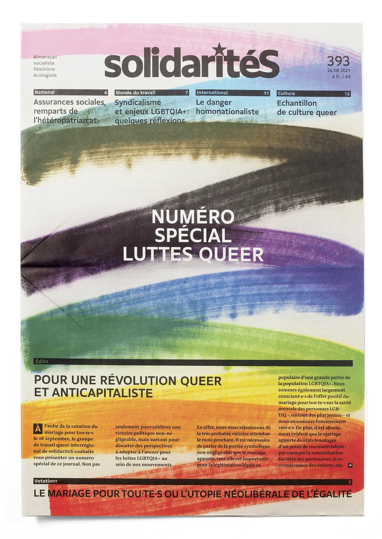 Couverture du numéro 393 du journal solidaritéS avec des traits de marker formant le drapeau LGBTIQ+