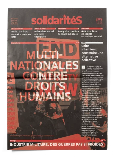 Cover of solidaritéS journal issue 399, with a photo of a demonstration for the lift on intellectual property on covid vaccines