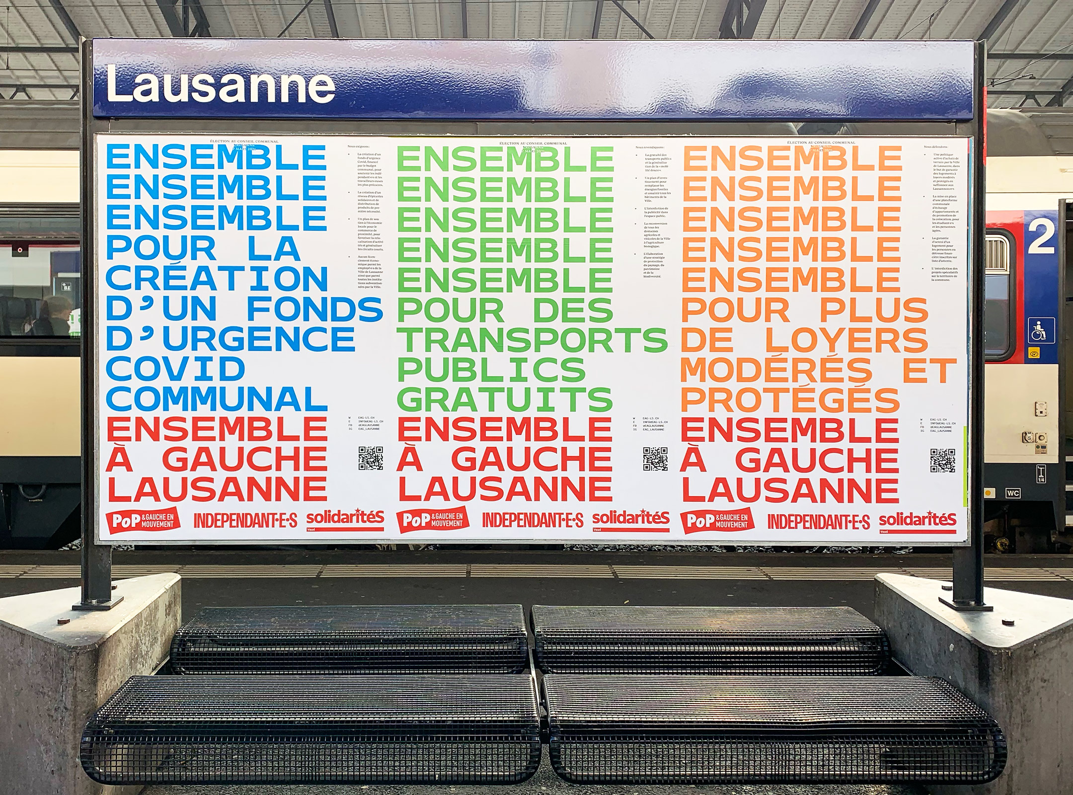 Posters for the communal elections 2021 photographed in Lausanne train station