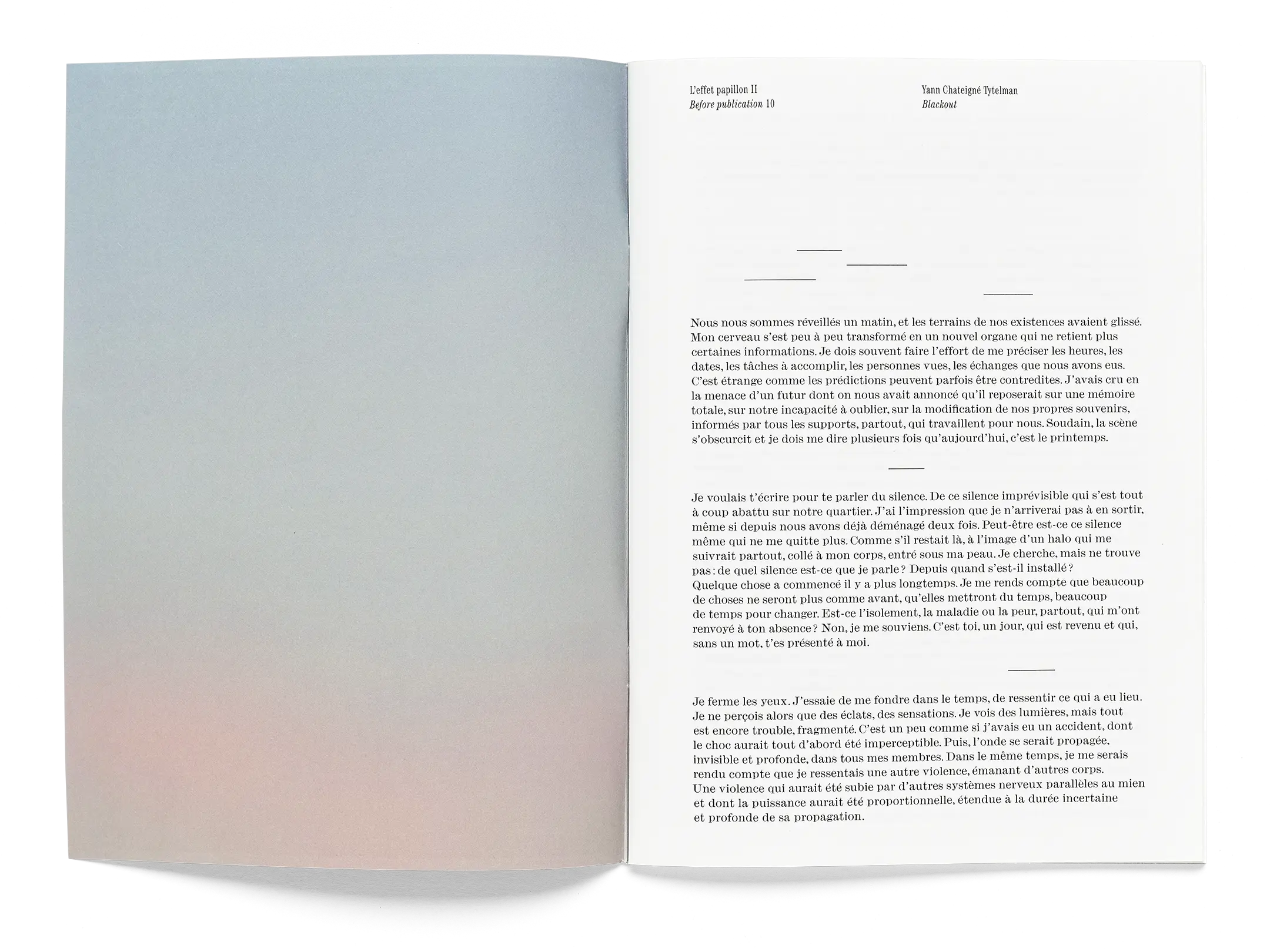 Double-page du livre “Blackout” de Yann Chateigné Tytelman. Mise en page: Niels Wehrspann