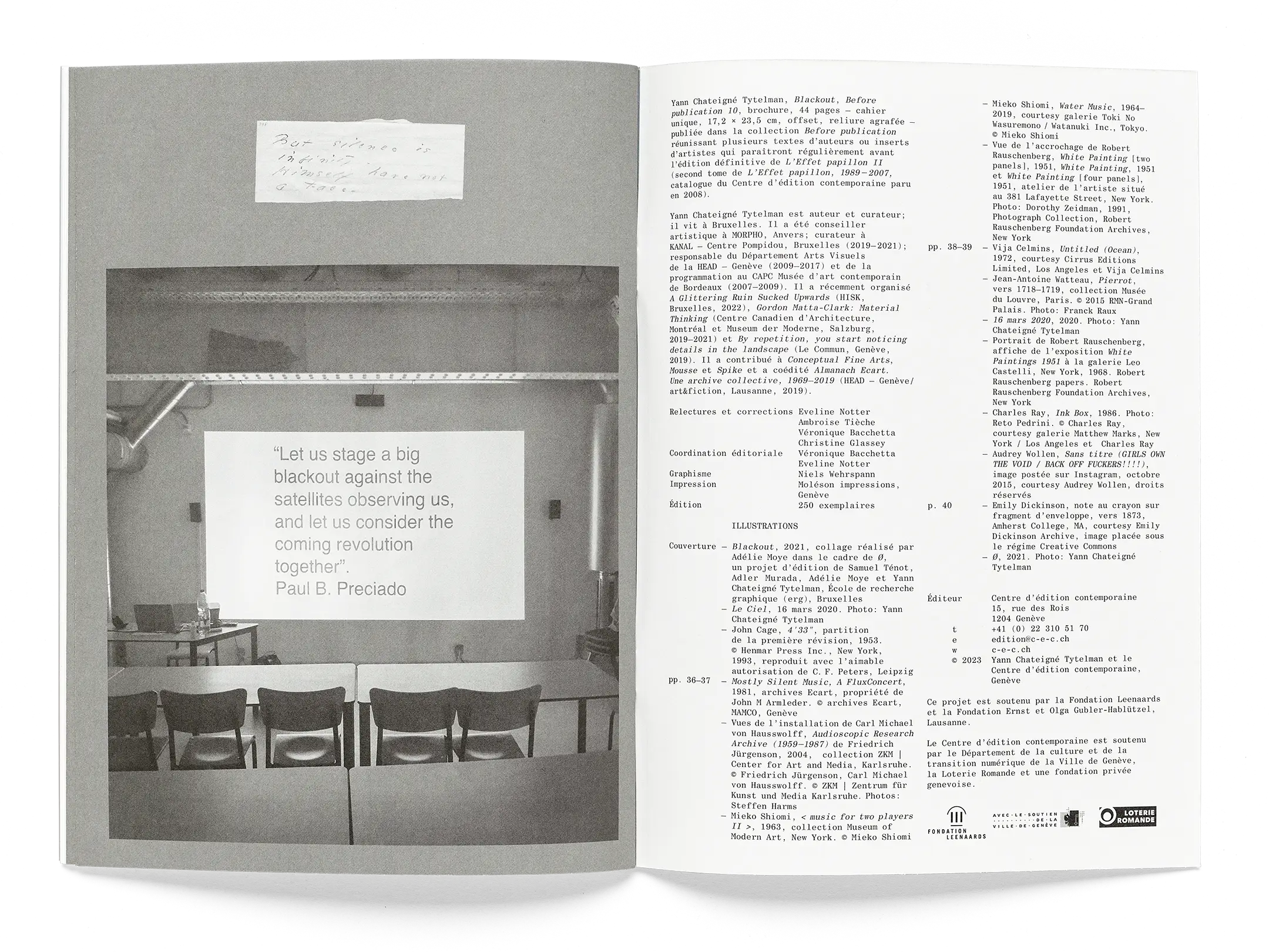 Double page et colophon du livre “Blackout” de Yann Chateigné Tytelman. Graphisme: Niels Wehrspann